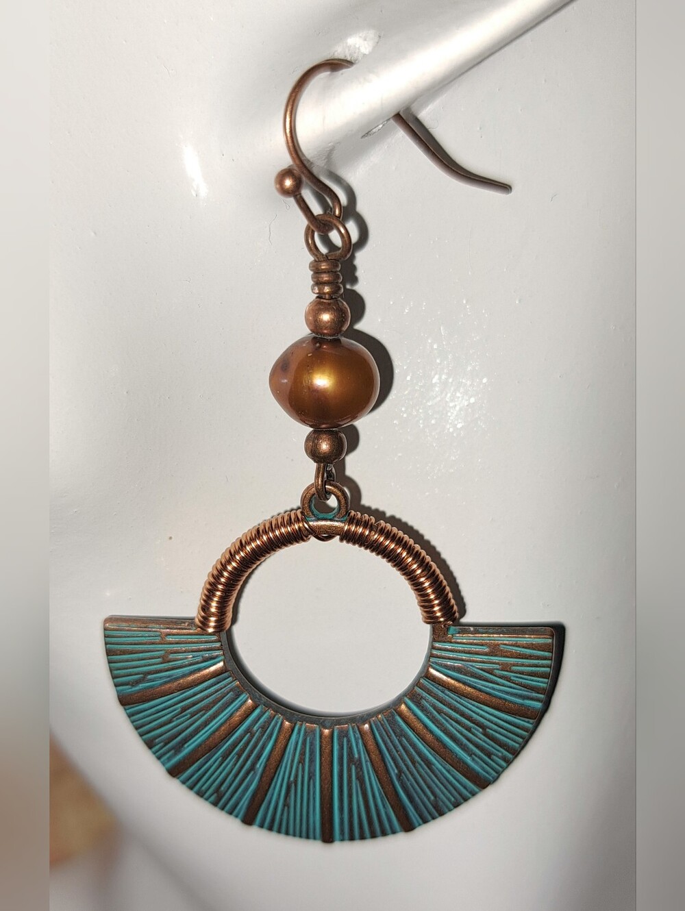 Bronze Color Freshwater Pearl & Copper Turquoise Patina Fan Charm Earrings